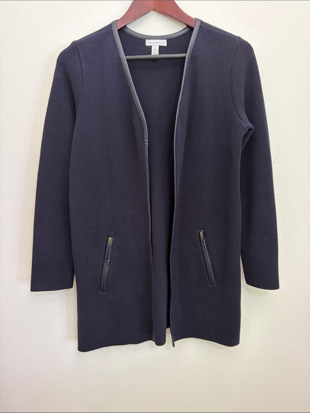 Charter Club Navy Open-Front Longline Cardigan with Trim